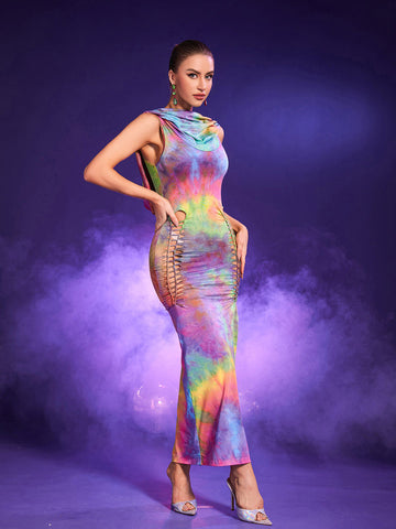 Fasha Lace Up Rainbow Hooded Dress