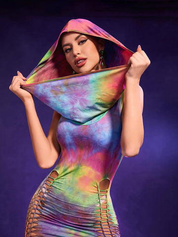 Fasha Lace Up Rainbow Hooded Dress