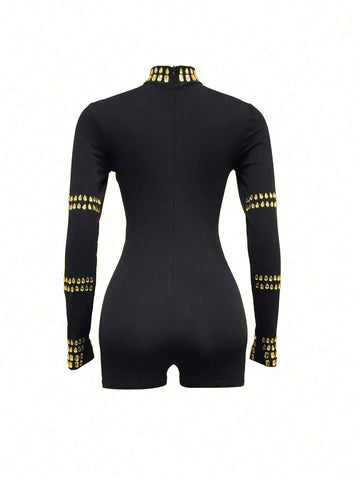 Fashion Black And Gold Dress For Women Rhinestone Jumpsuit Party Casual Style