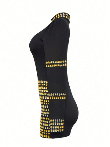 Fashion Black And Gold Dress For Women Rhinestone Jumpsuit Party Casual Style