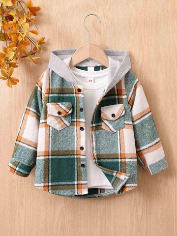 Fashion Boy Long Sleeve Hooded Plaid Cardigan, Casual Checkered Knitted Shirt