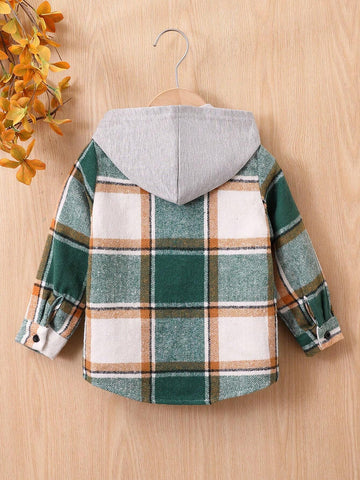 Fashion Boy Long Sleeve Hooded Plaid Cardigan, Casual Checkered Knitted Shirt