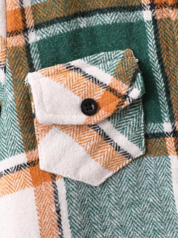 Fashion Boy Long Sleeve Hooded Plaid Cardigan, Casual Checkered Knitted Shirt
