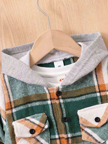 Fashion Boy Long Sleeve Hooded Plaid Cardigan, Casual Checkered Knitted Shirt