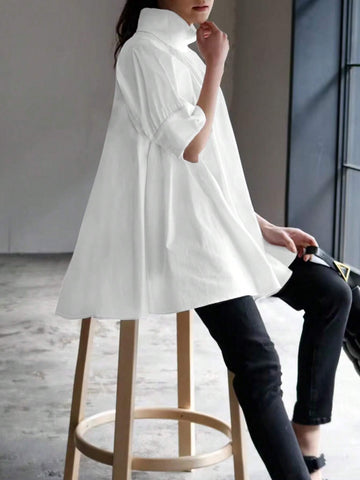 Fashion Casual Loose Sense Design Stand Collar Half Sleeve Pullover Top Women Mushroom Button Shirt