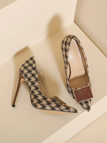 Fashion Court Pumps For Women, Random Houndstooth Pattern Metal Decor Point Toe Stiletto Heeled Pumps