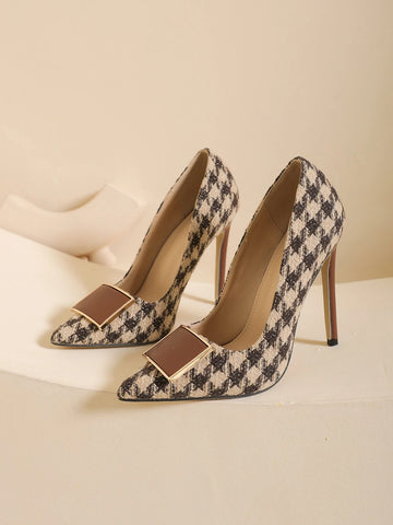 Fashion Court Pumps For Women, Random Houndstooth Pattern Metal Decor Point Toe Stiletto Heeled Pumps