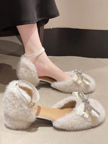Fashion Fuzzy Women Shoes Mary Jane Platform Mid Heel Casual Butterfly Tie Design, Autumn/Winter