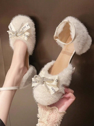 Fashion Fuzzy Women Shoes Mary Jane Platform Mid Heel Casual Butterfly Tie Design, Autumn/Winter