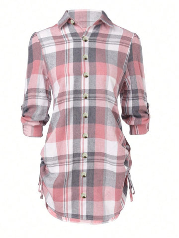 Fashion Pleated Faux Drawstring Plaid Collar Button Waist Long Sleeve Dress