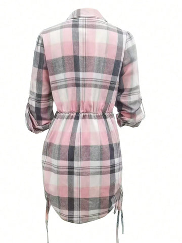 Fashion Pleated Faux Drawstring Plaid Collar Button Waist Long Sleeve Dress