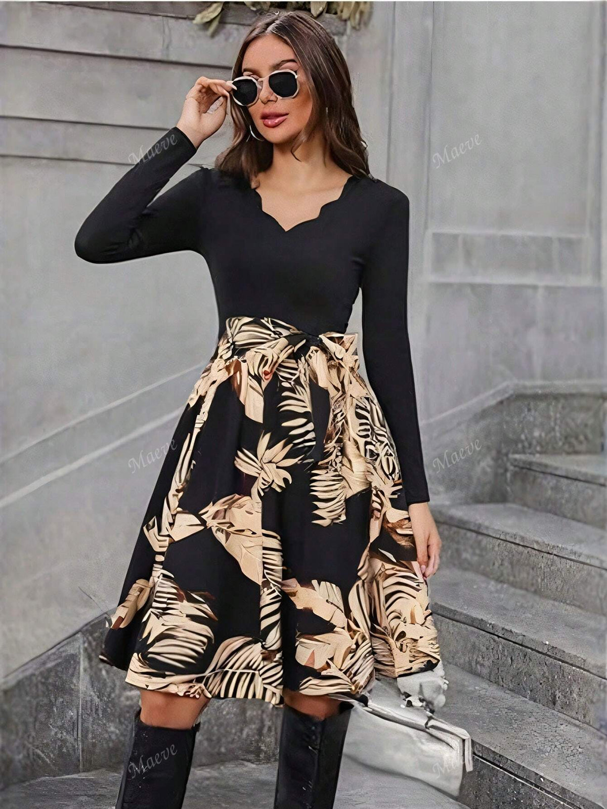 Fashion Retro Ruched Collar Long Sleeve Patchwork Print Flowy Dress