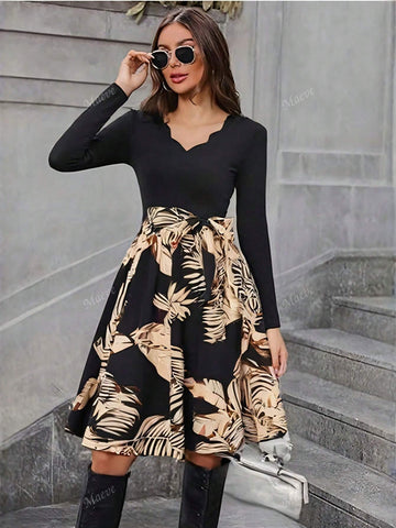 Fashion Retro Ruched Collar Long Sleeve Patchwork Print Flowy Dress
