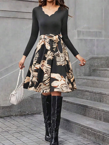 Fashion Retro Ruched Collar Long Sleeve Patchwork Print Flowy Dress