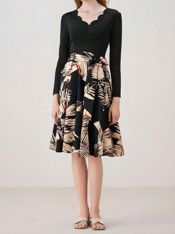 Fashion Retro Ruched Collar Long Sleeve Patchwork Print Flowy Dress