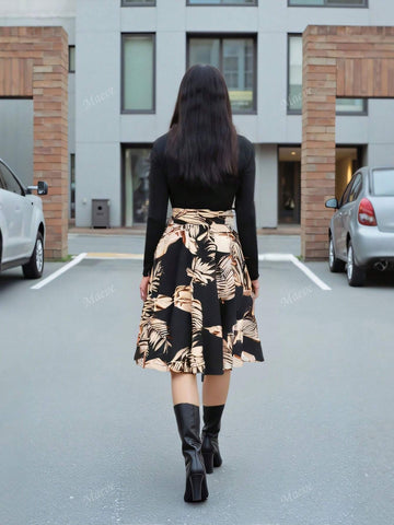 Fashion Retro Ruched Collar Long Sleeve Patchwork Print Flowy Dress