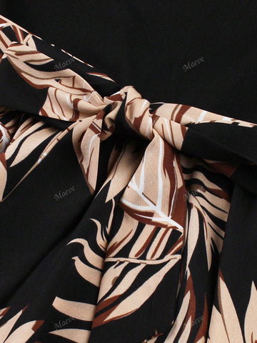 Fashion Retro Ruched Collar Long Sleeve Patchwork Print Flowy Dress