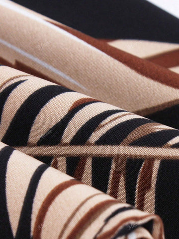 Fashion Retro Ruched Collar Long Sleeve Patchwork Print Flowy Dress