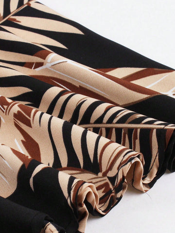 Fashion Retro Ruched Collar Long Sleeve Patchwork Print Flowy Dress