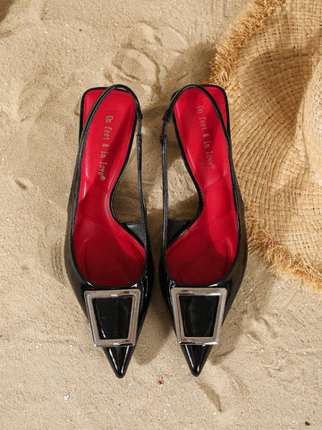 Fashion Square Buckle Patent Leather Backstrap Pointed Toe High Heel Pumps For Women