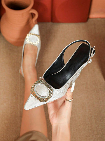 Fashion Women Nude Color Thin Strap Buckle Metal Decor Shoes