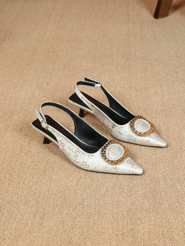 Fashion Women Nude Color Thin Strap Buckle Metal Decor Shoes