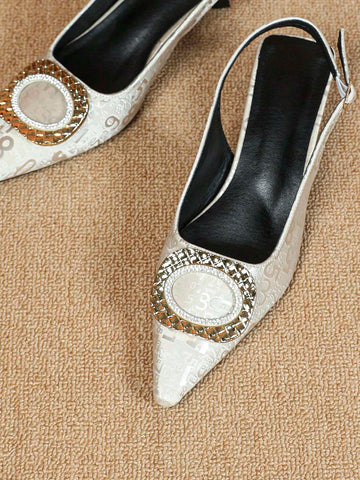 Fashion Women Nude Color Thin Strap Buckle Metal Decor Shoes