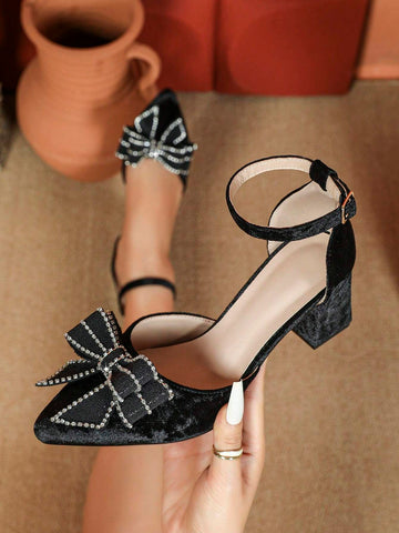 Fashion Women Pointed Toe Slip-On Bow Decor Rhinestone Embellished