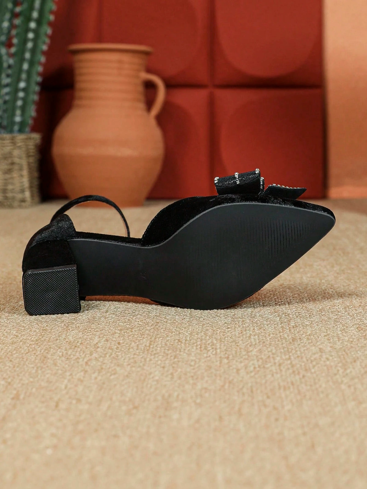 Fashion Women Pointed Toe Slip-On Bow Decor Rhinestone Embellished