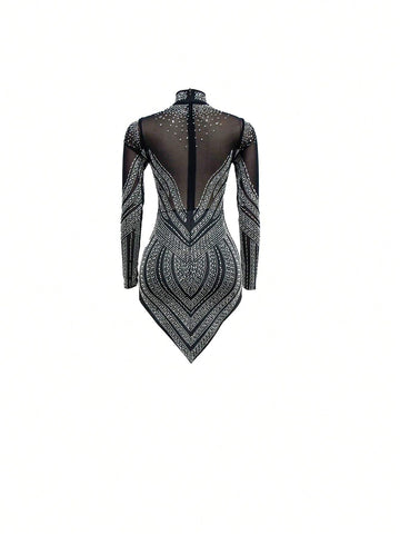 Fashion Women's Mesh Tulle Rhinestone Decor Long Sleeve Stand Collar Short Dress