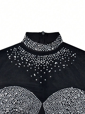 Fashion Women's Mesh Tulle Rhinestone Decor Long Sleeve Stand Collar Short Dress