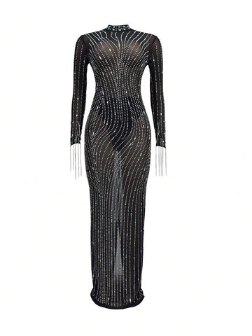 Fashion Women's Solid Color Mesh Rhinestone-Embellished Dress