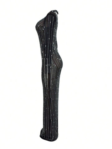 Fashion Women's Solid Color Mesh Rhinestone-Embellished Dress