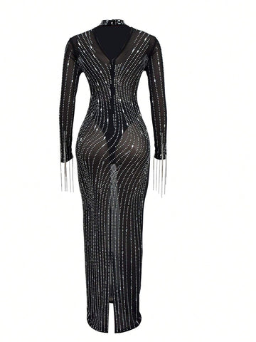 Fashion Women's Solid Color Mesh Rhinestone-Embellished Dress