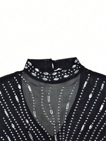 Fashion Women's Solid Color Mesh Rhinestone-Embellished Dress