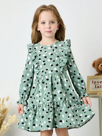 Fashionable And Cute Young Girl Polka Dot Ruffle Sleeve Long Dress,Great For Casual & Daily Wear & School Daily In Autumn & Winter,