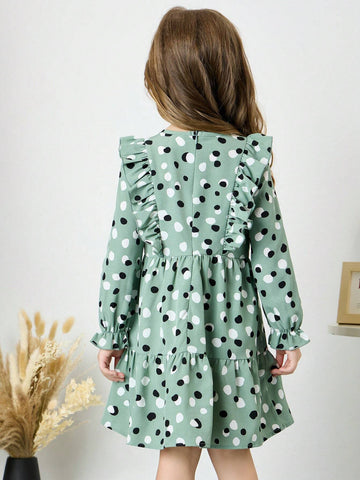 Fashionable And Cute Young Girl Polka Dot Ruffle Sleeve Long Dress,Great For Casual & Daily Wear & School Daily In Autumn & Winter,