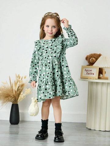 Fashionable And Cute Young Girl Polka Dot Ruffle Sleeve Long Dress,Great For Casual & Daily Wear & School Daily In Autumn & Winter,