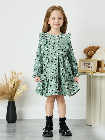 Fashionable And Cute Young Girl Polka Dot Ruffle Sleeve Long Dress,Great For Casual & Daily Wear & School Daily In Autumn & Winter,