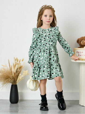 Fashionable And Cute Young Girl Polka Dot Ruffle Sleeve Long Dress,Great For Casual & Daily Wear & School Daily In Autumn & Winter,