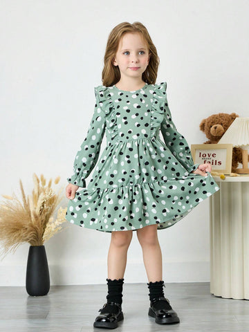 Fashionable And Cute Young Girl Polka Dot Ruffle Sleeve Long Dress,Great For Casual & Daily Wear & School Daily In Autumn & Winter,