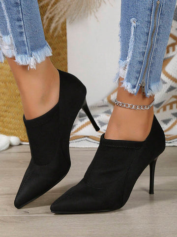 Fashionable And Elegant Women's Black Velvet Ankle Boots With Pointed Toe, Cone-shaped Heel, And Deep Mouth Pumps