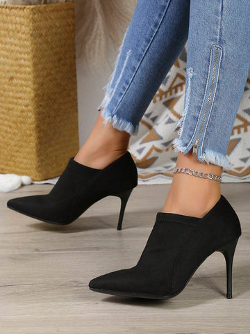 Fashionable And Elegant Women's Black Velvet Ankle Boots With Pointed Toe, Cone-shaped Heel, And Deep Mouth Pumps