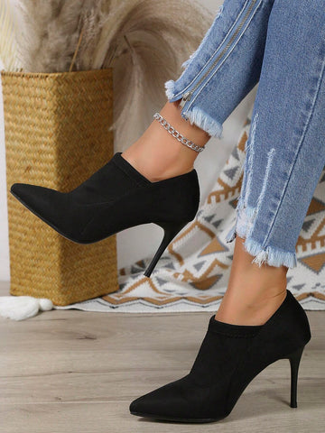 Fashionable And Elegant Women's Black Velvet Ankle Boots With Pointed Toe, Cone-shaped Heel, And Deep Mouth Pumps