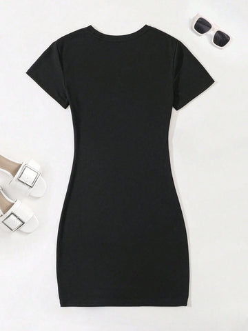 Fashionable And Versatile Slim Fit Dress With Letter Print