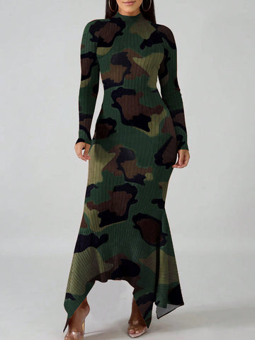 Fashionable Bodycon Camo Printed Long Sleeve Dress, Sexy And Versatile