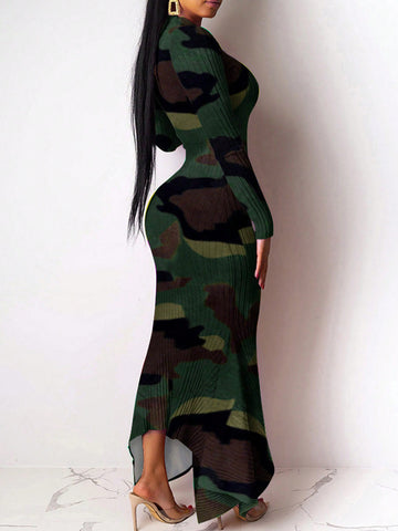 Fashionable Bodycon Camo Printed Long Sleeve Dress, Sexy And Versatile