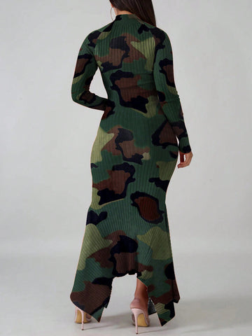 Fashionable Bodycon Camo Printed Long Sleeve Dress, Sexy And Versatile