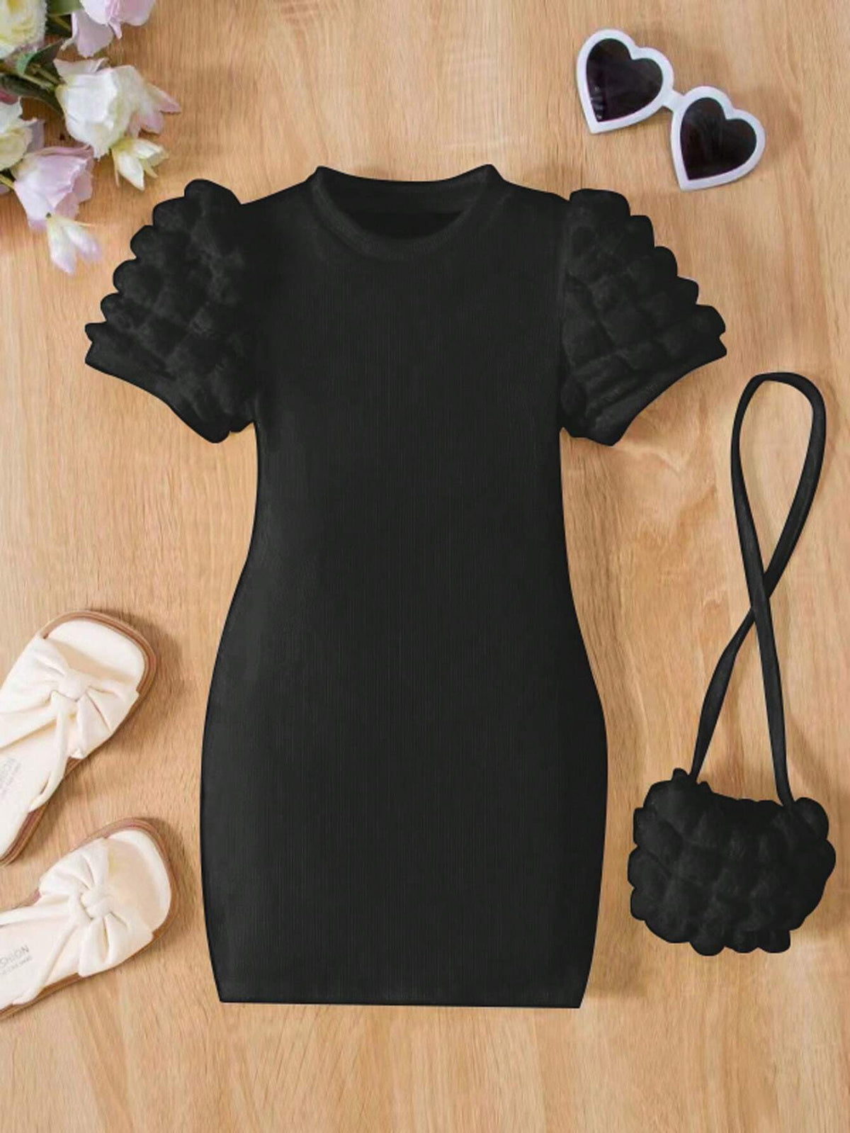 Fashionable Bubble Short Sleeve Round Neck Slim Fit Hip Package Casual Dress With Bag For Girls