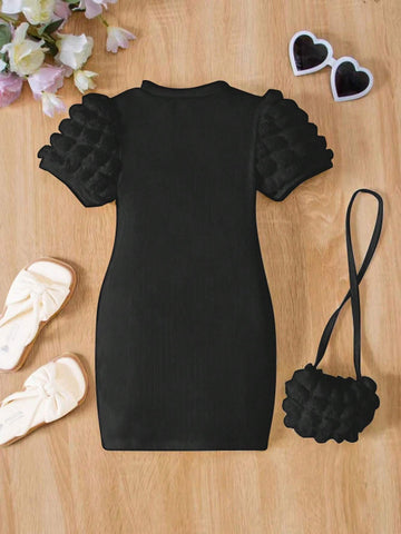 Fashionable Bubble Short Sleeve Round Neck Slim Fit Hip Package Casual Dress With Bag For Girls